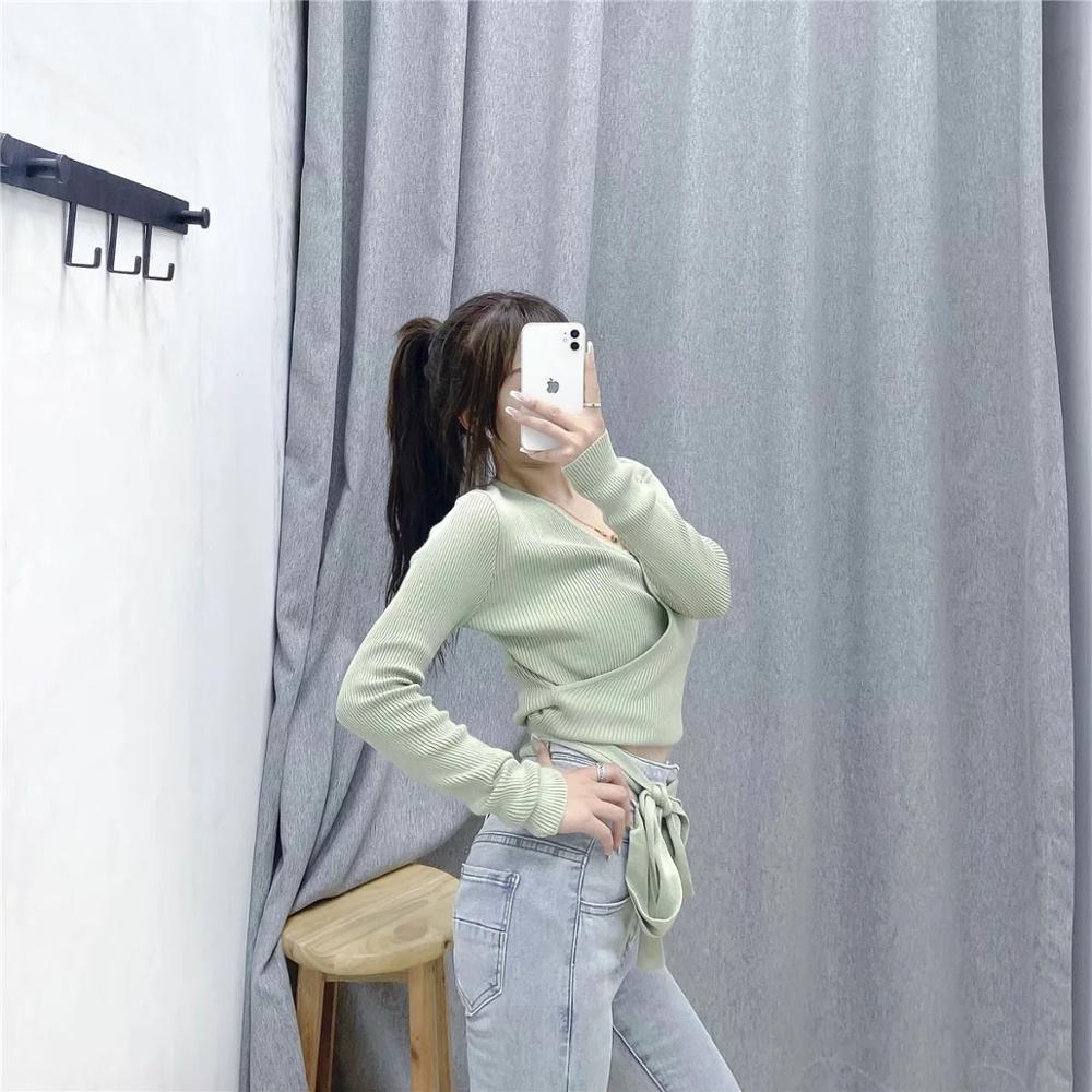 XNWMNZ Za women knit crossover top Long sleeve top with a crossover V-neckline tie fastening at the waist Female Chic Sweaters 201222