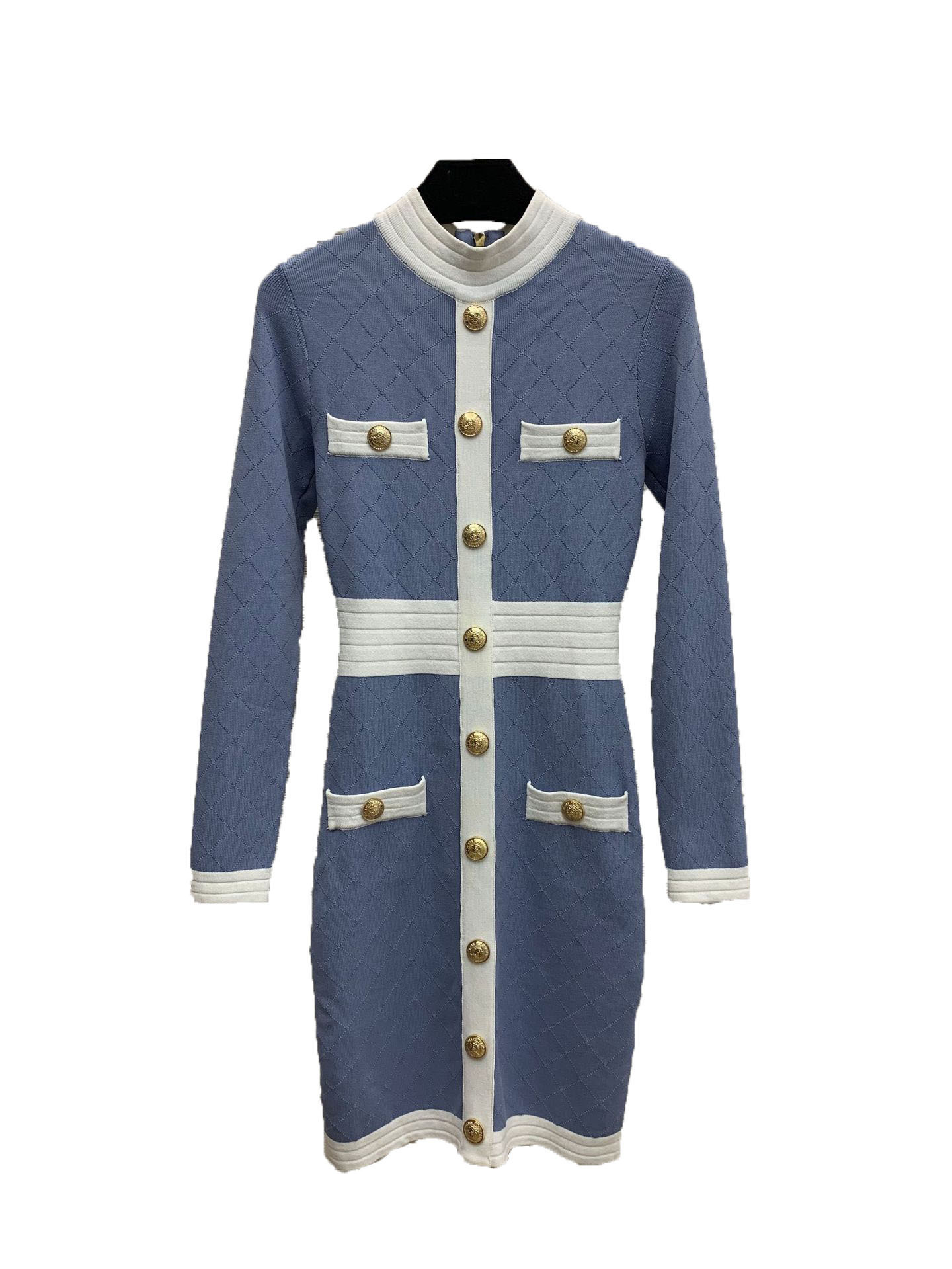 New high end single row gold button color matching waist pack buttock slim long sleeve knitted dress in autumn and winter 2020, Black
New high end single row gold button color matching waist pack buttock slim long sleeve knitted dress in autumn and winter 2020, Black
