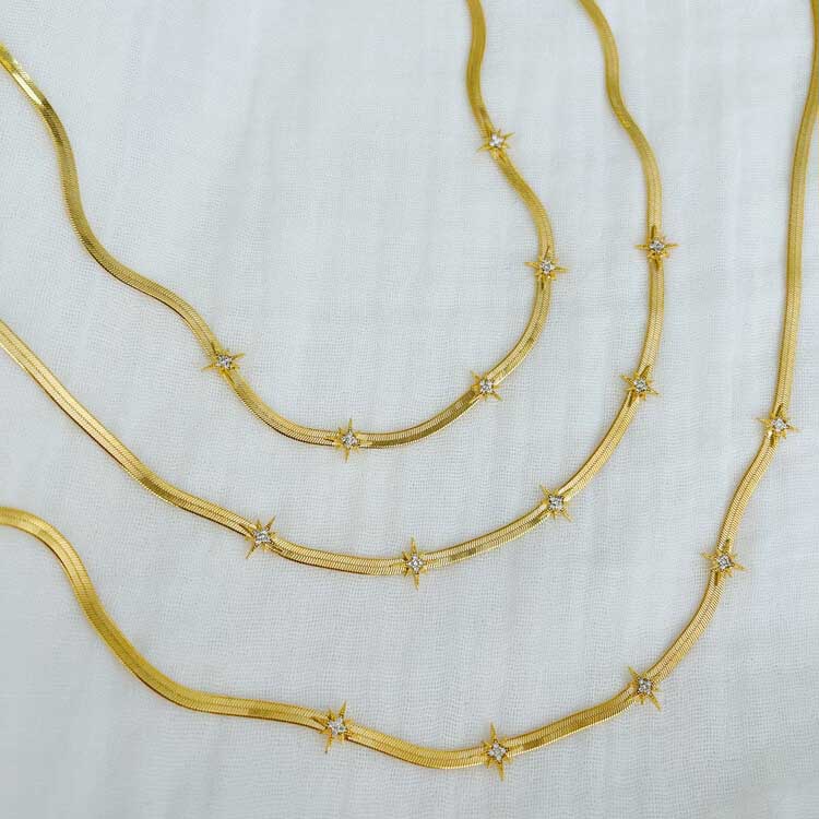 High Quality Gold Color European Women Collar Chains 5MM Width Herringbone Snake Chain CZ Star Starburst Charm Necklace