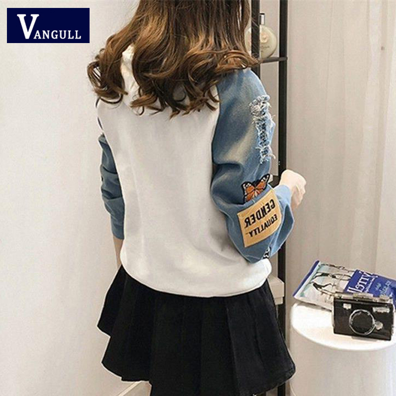 Vangull Harajuku Sweatshirt Women Letter Print Patch Women Hoodies Autumn New Hole Long Sleeve Drawstring Splice Pullovers 201007