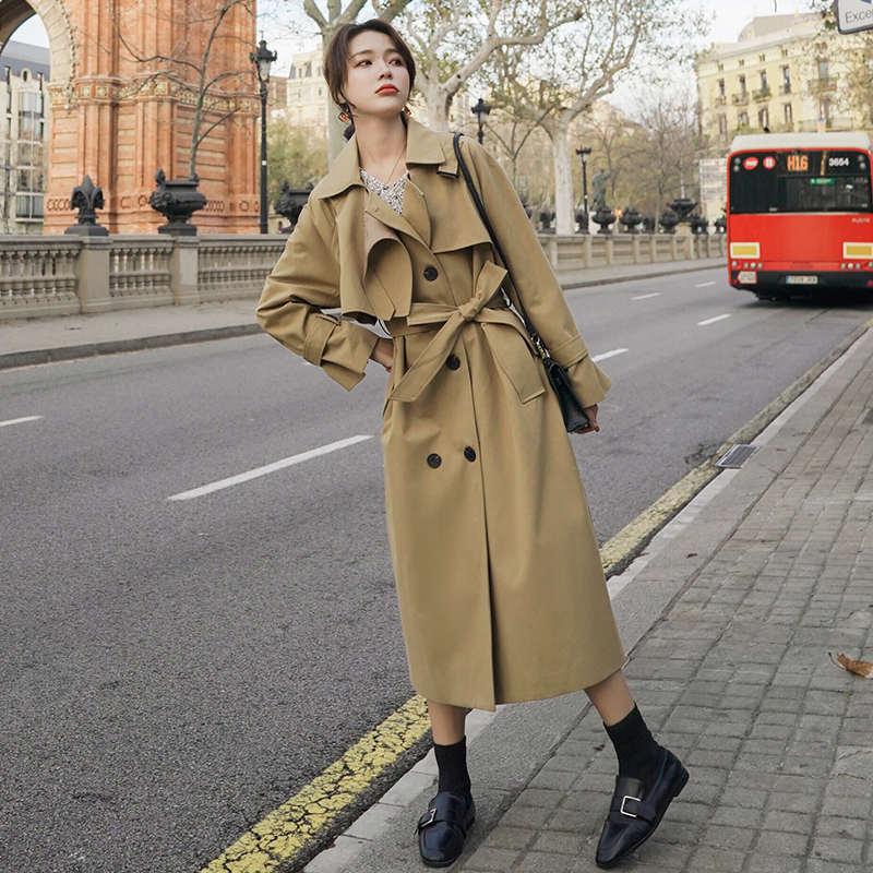 Spring Autumn Double Breasted Women Trench Coat Long Below-Knee Belted Duster Coat Khaki Outerwear for Ladies Windbreaker T200811
