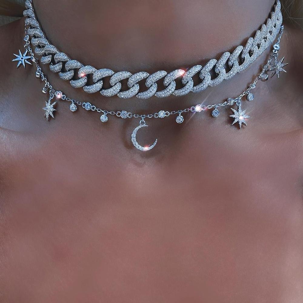 2021 fashion trendy wedding necklace with cz paved geometric star moon dangle charm paved statement station choker necklace for women