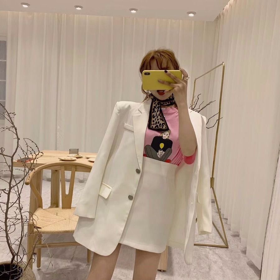 JuneLove women spring Korean fashion suit office lady blazer&skirts sets high waist skirt two-piece single breasted outwears 201201