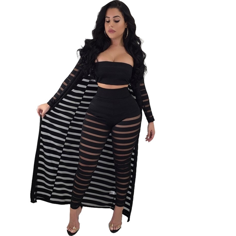 Echoine Sexy 3 Pieces Set Sheer Mesh Club Outfits Plus Size Crop Top Pants Long Sleeve Cardigan two piece set ensemble femme 201008
