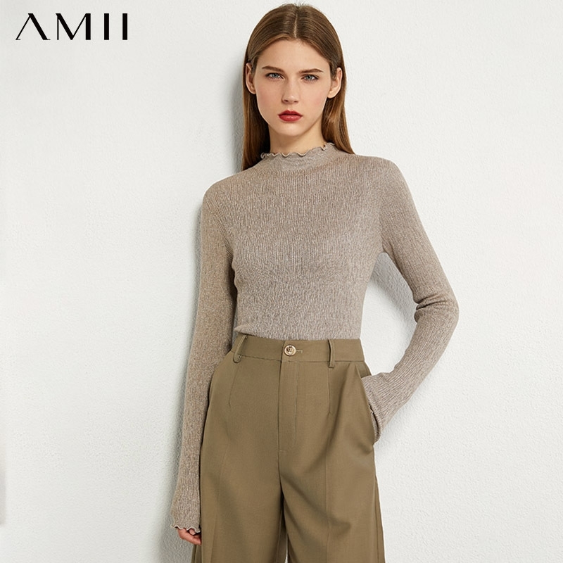 AMII Minimalism Autumn Fashion Women Sweater Solid Pleated Slim Fit Turtleneck Sweater Female Pullover Tops 12060102 201017