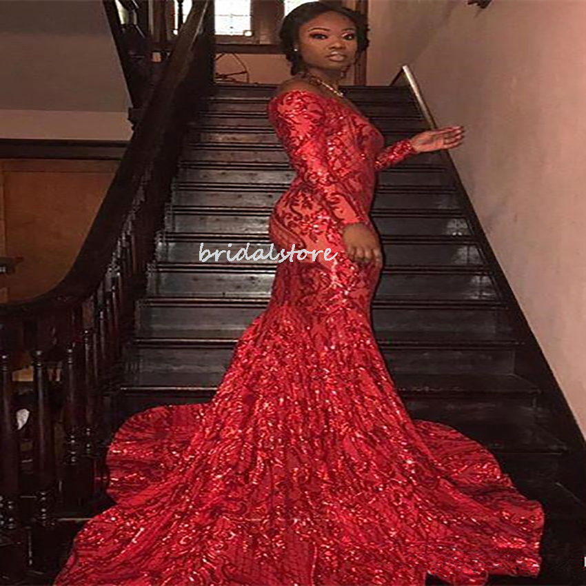 Black Girls Sparkle Sequined Prom Dresses Red Aso Ebi 2022 Sexy Off The Shoulder Mermaid Evening Dress Glitter Formal Party Dress With Train Plus Size