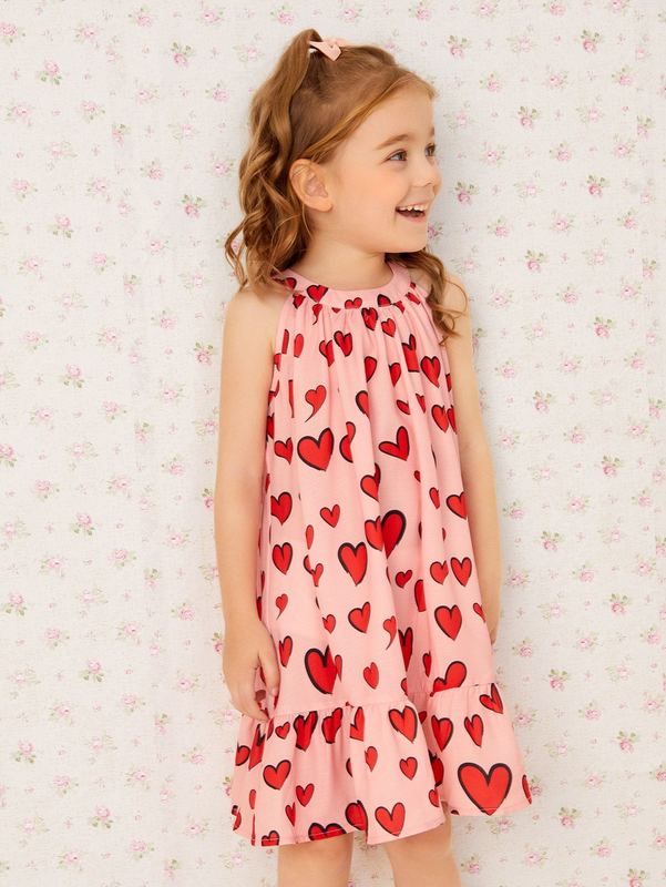 Toddler Girls Halter Neck Heart Print Ruffle Hem Dress SHE