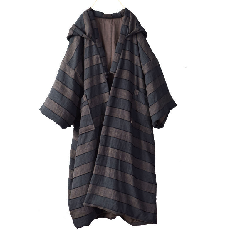 Johnature Women Vintage Cotton Parkas Coats Spring Striped Loose Simple Casual Warm Cotton Long Hooded Coats 201017