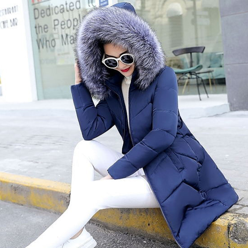 Fur collar winter coat ladies thick warm hooded long jacket women elegant slim white cotton parka women outwear DR653 201201