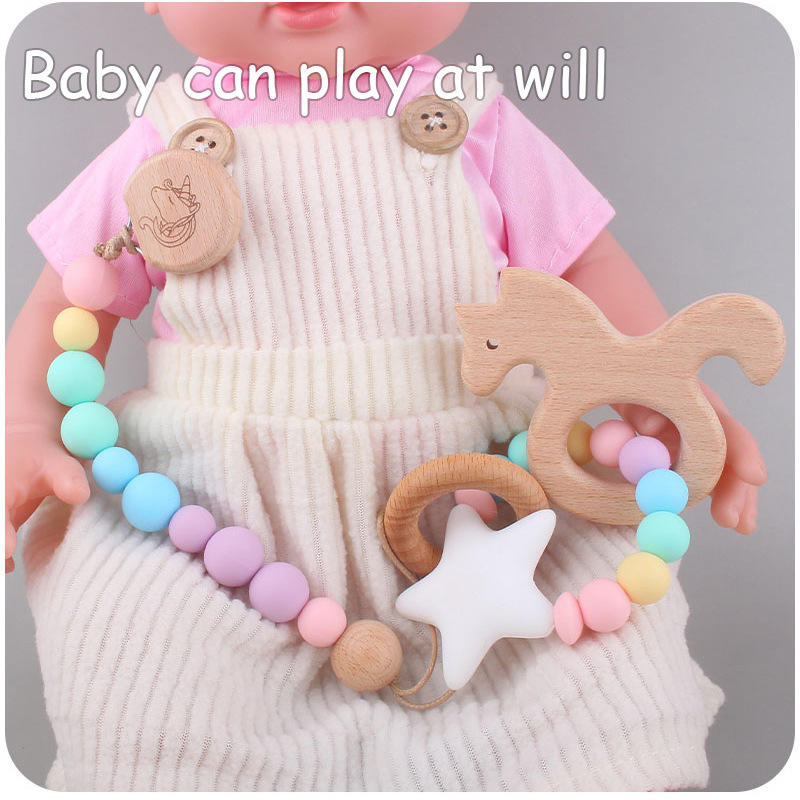INS baby Safty Wooden Soothers & Teethers Unicorn Elephant Shape Beads Ball Design Health Care Teething Training Infant Pacifier Anti-Drop Chain Set O
