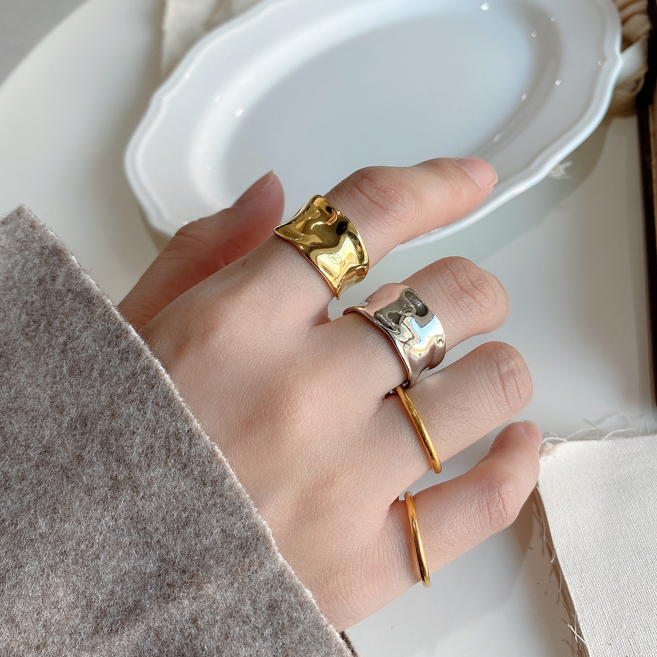 New minimalism 925 sterling silver handmade vintage jewelry American European designer irregular shape adjustable rings gold rhodium color