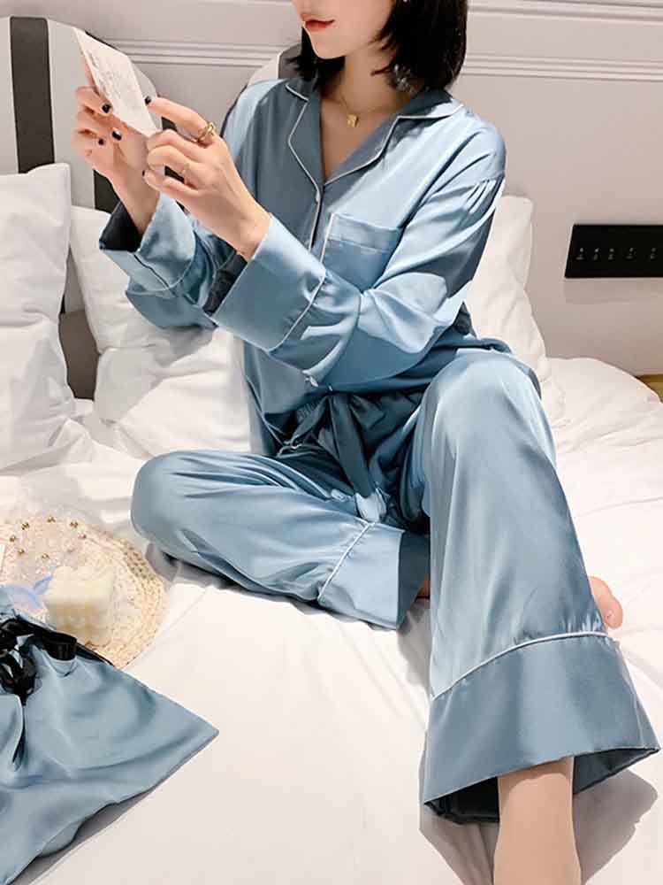 liiundr Ginger Long Sleeve Pajamas Women Sleevewear Summer Autumn Silk 2 Piece Set Women Nightwear Suit Home Wear Pijamas 1583 T200429