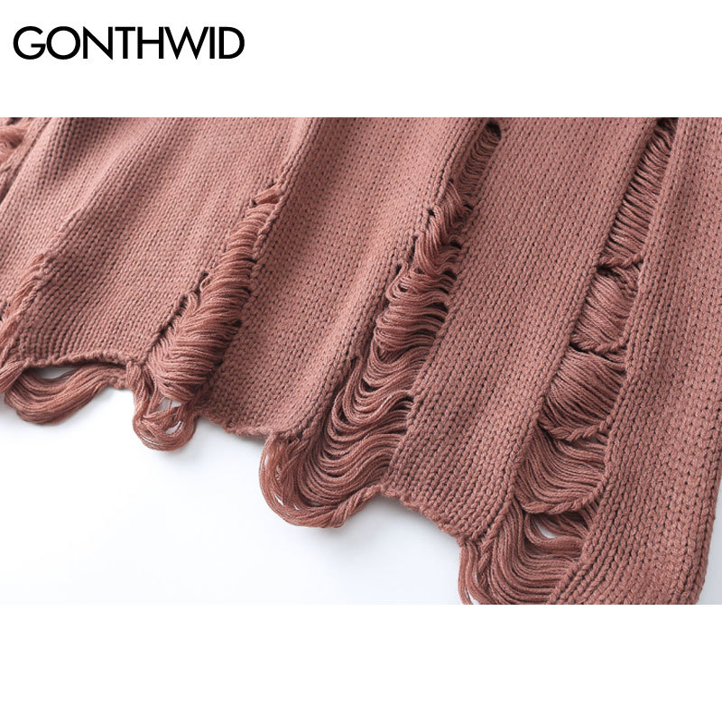 GONTHWID Ripped Destroyed Holes Distressed Sweaters Mens Knitted Pullover Sweater Male Hip Hop Fashion Loose Sweater Streetwear 201026
