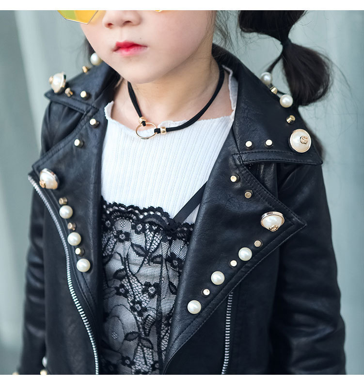 Spring and Autumn Children's Clothing Girls Pearl Leather PU Leather Children's British Shirt Zip-up Jacket 201125