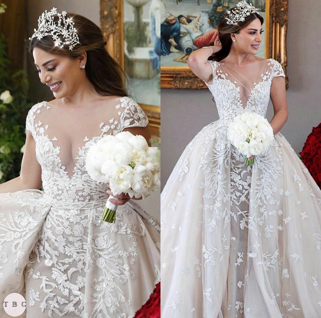 Elegant A Line Wedding Dresses with Detachable Train Sheer Jewel Neck Short Sleeve Bridal Gowns Illusion Appliques Wedding robes de mariée