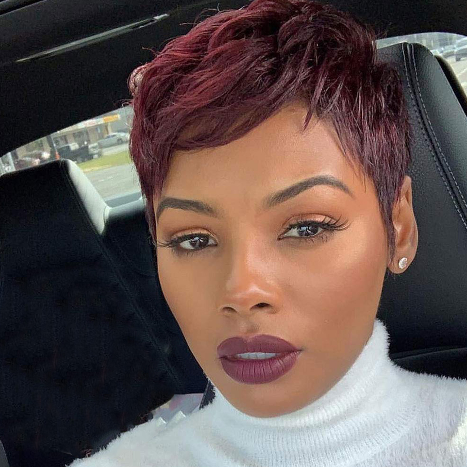 Short Wigs With Bangs Burgundy Red Highlight Virgin Hair Pixie Cut Human Hair Wigs For Black Women Cheap Hair Straight Bob Wigfactory direct
