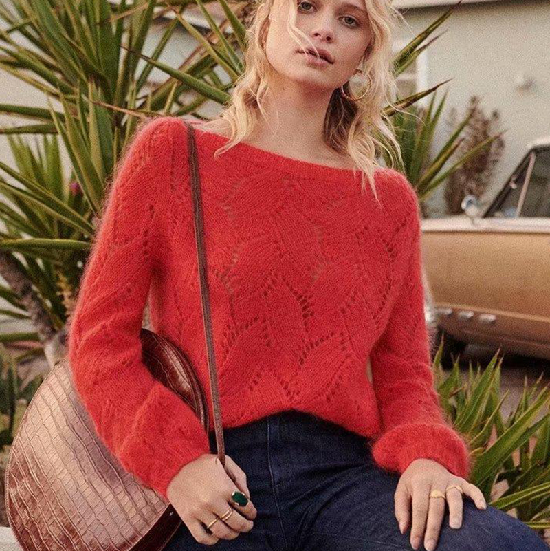 KHALEE YOSE White Chic Mohair Pullover Sweater Autumn Long Sleeve Hollow Out Sweater O-neck Casual Pullovers Women Jumper 201221