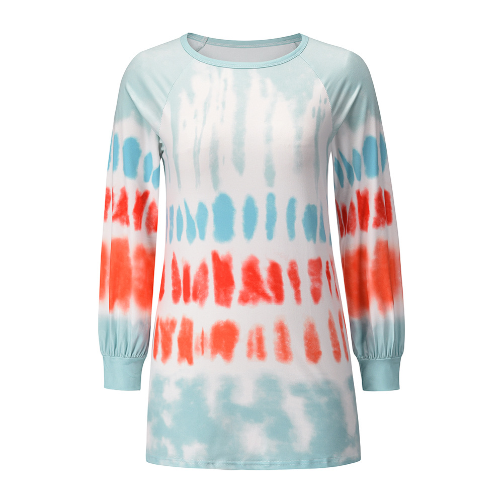2021 autumn and winter tie-dye printed sweater European and American style contrast long-sleeved round neck T-shirt