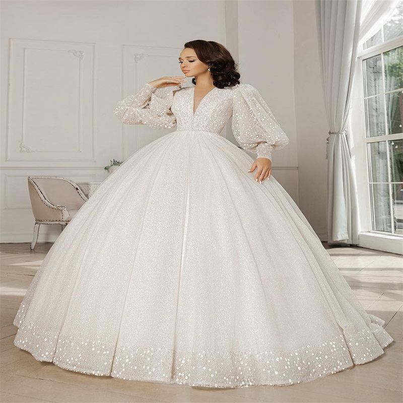 Bling Sequins A Line Wedding Dresses Deep V Neck Long Sleeves Appliqued Lace Bridal Gowns Custom Made Boho Plus Size Vestidos De Novia