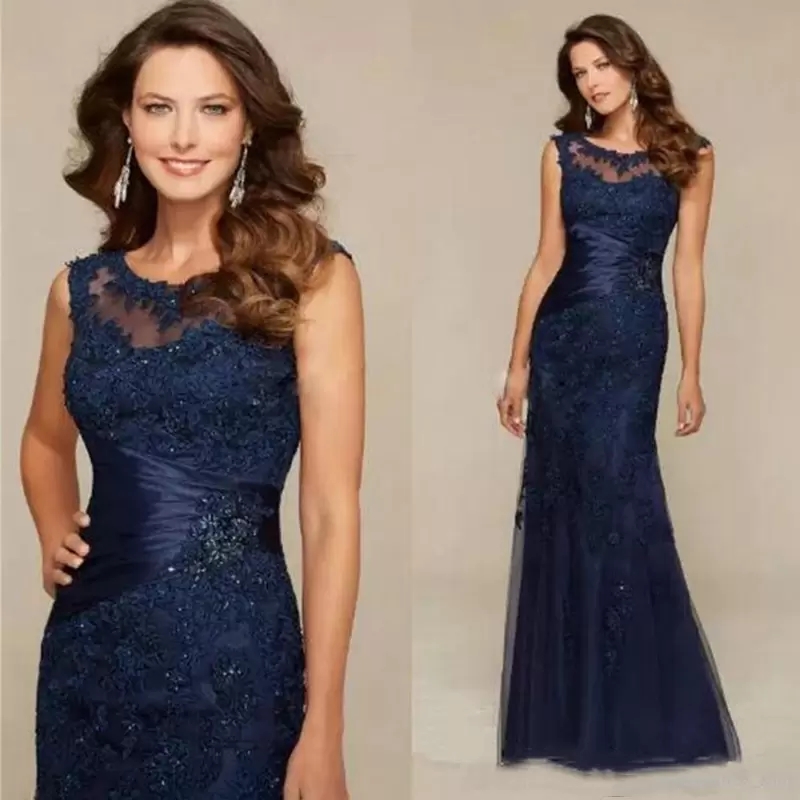 Sheer Crew Neck Elegant Mother Of The Bride Dresses New Arrival Navy Blue Lace Long Mermaid Party Gowns Wedding Guest Evening Dress