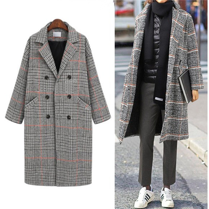 Autumn Winter Long Coat Women Casual Plus Size Plaid Double breasted Wool Blazers Jacket Female Elegant Overisze Outwear 201222