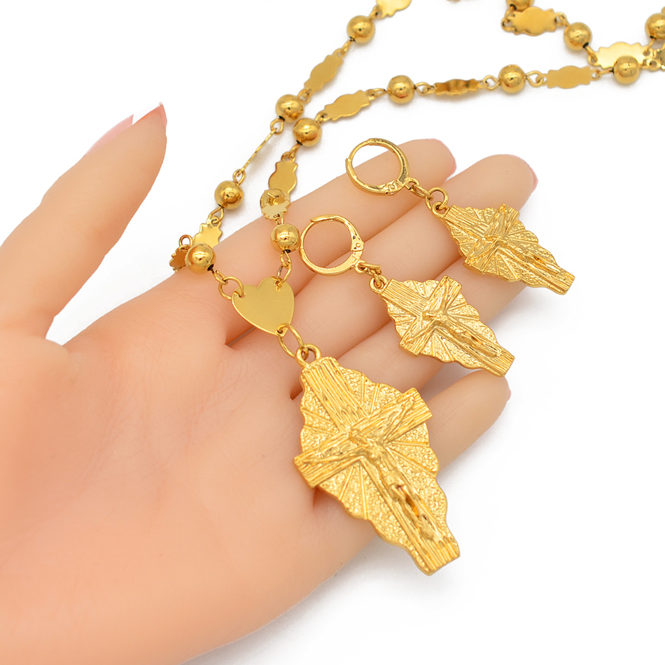 Anniyo Hawaii Jesus Jewelry Set Cross Pendant Necklaces Earrings Women Girls Gold Color Guam Micronesia Chuuk Pohnpei #212306 201222