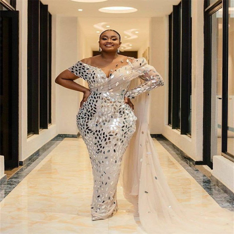 Plus Size Mermaid Evening Dresses With Wrap Saudi Arabia Crystal Sequins Party Dresses Custom Made Gorgeous Long Sleeves Prom Gowns