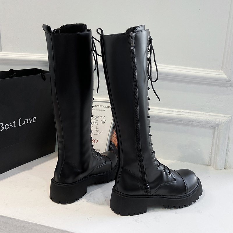 Women Combat Boots Antumn Female High Platform Gothic Shoes Black Leather Boots Lace up Women Knee High Boots 201019