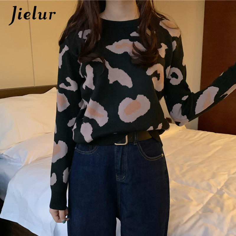 Jielur Print Autumn Winter O-neck Sweater Women Basic Primer Knitted Sweaters Pull Femme Chic Slim Jumper Soft New Pullovers 201225