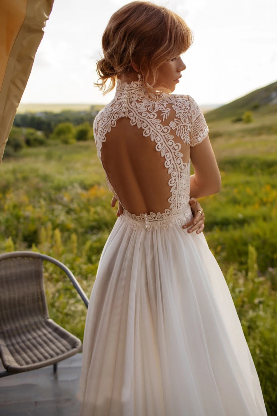 Vintage Boho Wedding Dress Lace High Neck A Line Tulle Princess Hollow Bare Back Short Sleeves Bridal Gowns Robe De Mariee