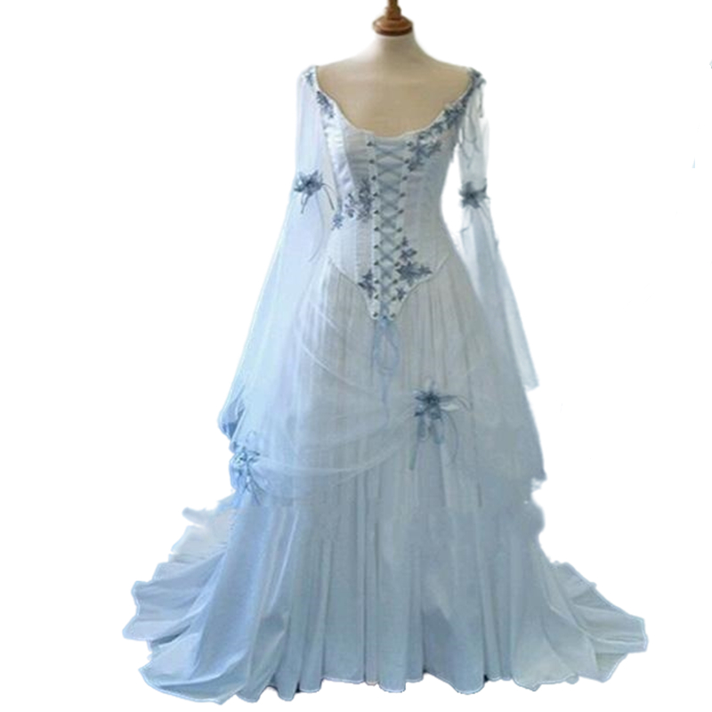 Vintage Celtic Wedding Dresses Bridal Gowns White And Pale Blue Plus Size Medieval Bride Dress Scoop Gothic Corset Long Bell Sleeves Appliques Flowers