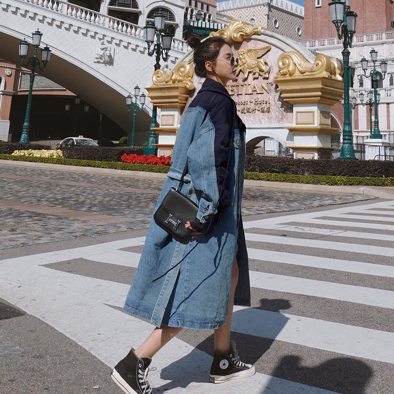 2020 Denim Trench Coat For Women Streetwear Loose Long Coat Women with belt Jeans Trench Coat Female Windbreaker Femme FY71 T200810