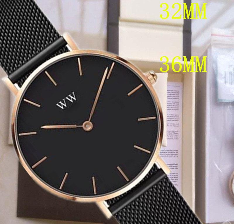 

202 Top fashion WW Daniel women 32MM 36mm men Wellington's fashion d&w Lovers women steel mesh gold mens watches montre femme relojes, Box