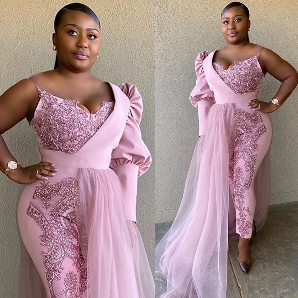Pink Jumpsuits Prom Dresses With Detachable Skirt African Lace Appliqued Sequined Evening Dress Plus Size Formal Party Pageant Gowns