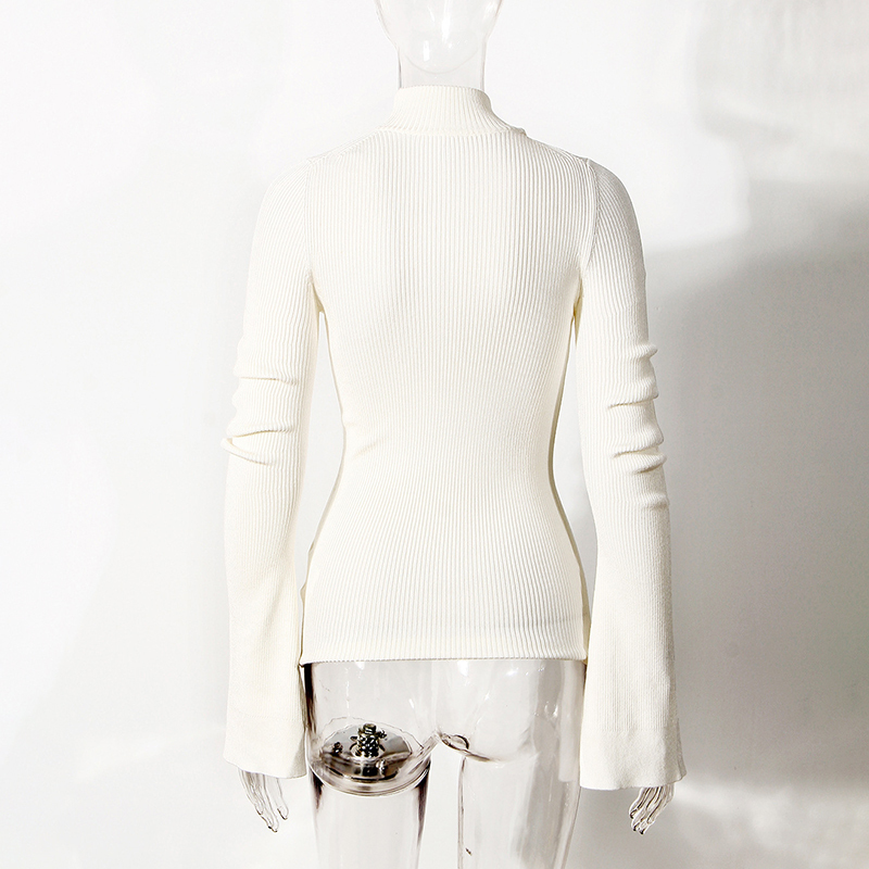 TWOTWINSTYLE Patchwork Chain Knitted Pullovers For Women Turtleneck Flared Collar Hollow Out Slim Sweater Female Fall New 201222