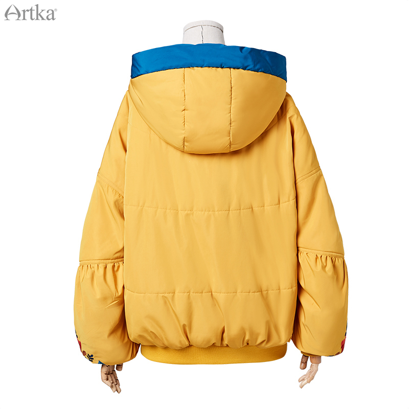 ARTKA New Women Winter Jacket Vintage Embroidery Short Thicken Warm Coat Oversize Lantern Sleeve Hooded Outwear MA15092D 201017