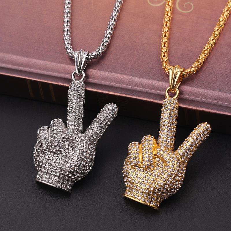 

Classics Victory Sign Scissorhands Gesture Pendant Necklace Charm Crystal Hand Necklace Gold Silver Color Full Out Women Men