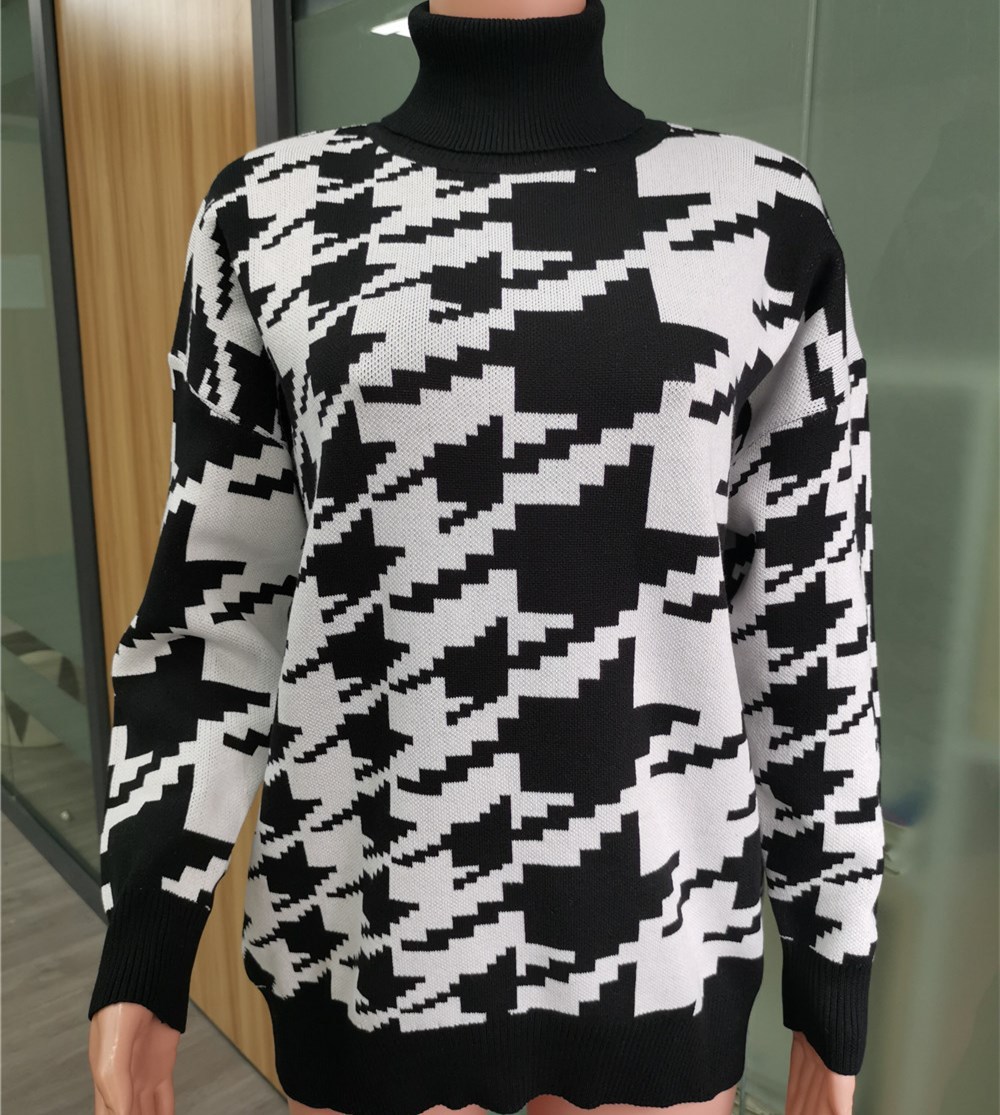 Knitted Women Sweater Pullovers Autumn Winter Geometric Houndstooth Knitted Sweater Ladies Oversize Retro Sweater 201222