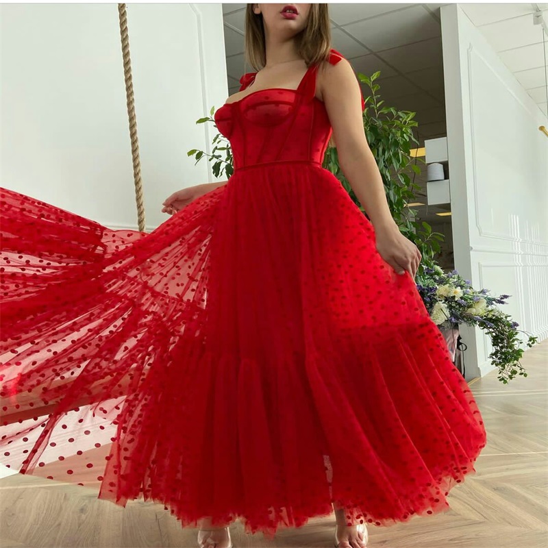 Vintage Audrey Hepburn Prom Dresses Red Dot A Line Evening Dresses Spaghetti Strap Ruched Tulle Pageant Dress Custom Made Sweep Train