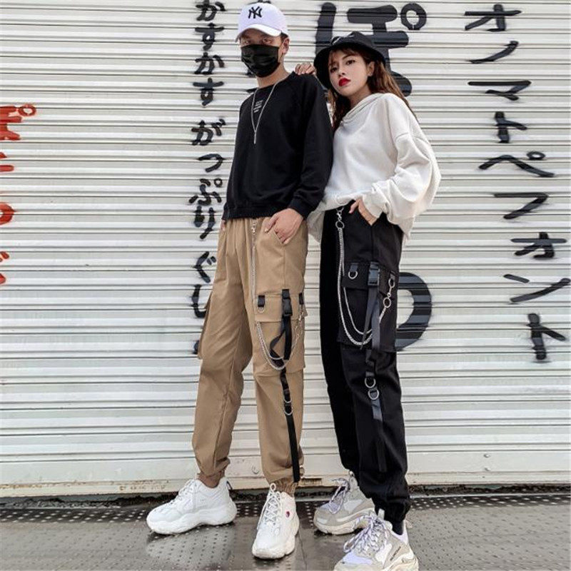 Women Men Cargo Pants Harajuku Chain Pockets Ankle Trousers High Waist Hiphop Safari Style Harem Streetwear 201109