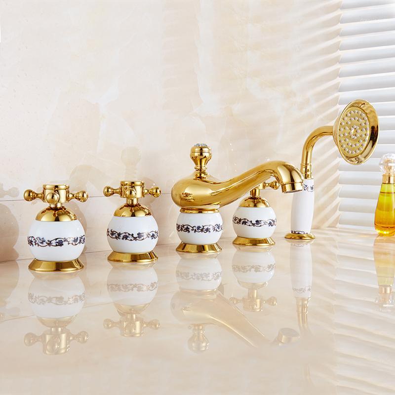 

Bathroom Bathtub Faucets Mixer Set 5 Pcs Spout Tub Sink Mixer Taps Gold Brass and Jade Hot and Cold Water Faucet with Handshower1