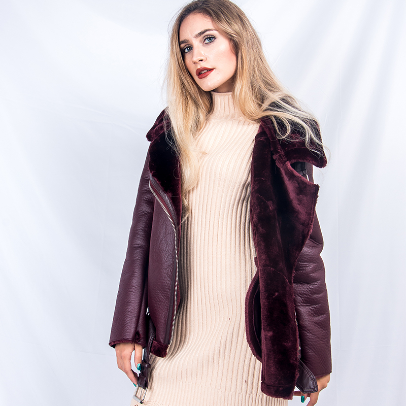 Fitaylor Women Winter Faux Lamb Leather Jacket Turndown Collar Warm Thick Faux Leather Lambs Wool Fur Collar Suede Jacket Coats 201226