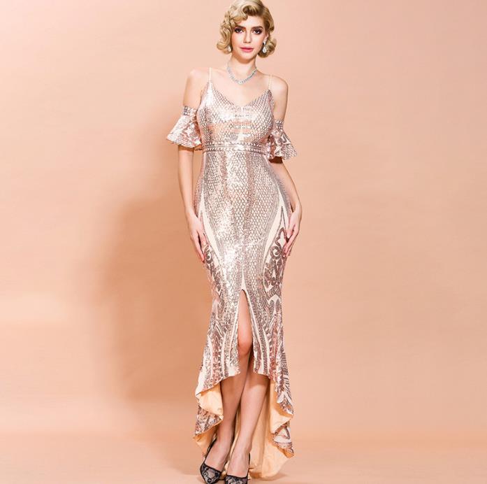 Rose Gold Color Evening Dresses High Lo Mermaid Sequins Elegant Prom Dress Mother of Bride Dresses Cheap Stock Evening Gown