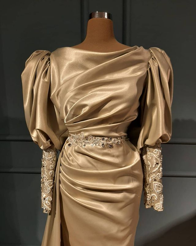 Aso Ebi 2020 Arabic Gold Lace Crystals Evening Dresses Long Sleeves Prom Dresses Sheath Formal Party Second Reception Gowns ZJ955
