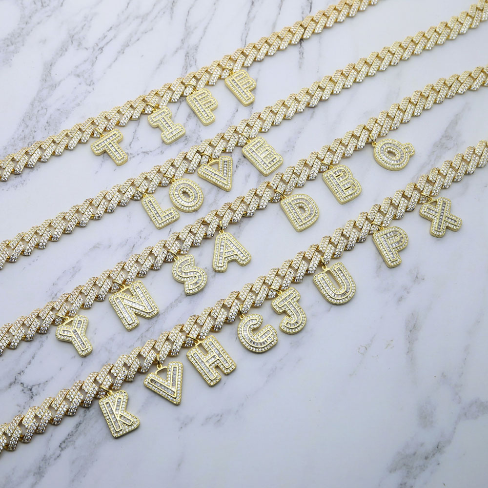 Top quality 5A cubic zirconia 12mm width cuban link chain Gold color iced out bling baguette cz 26 Alphabet Initial charm name necklace