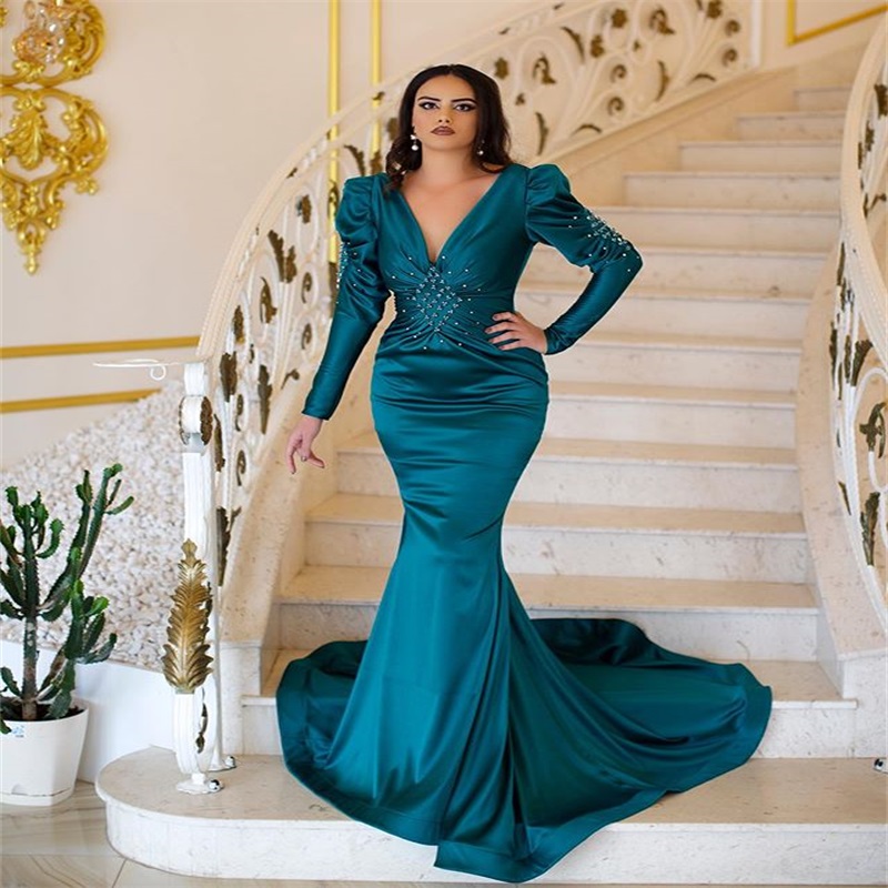 real image mermaid evening dresses vneck long sleeves prom dresses ruffle satin beads sweep train formal party dress cheap backless