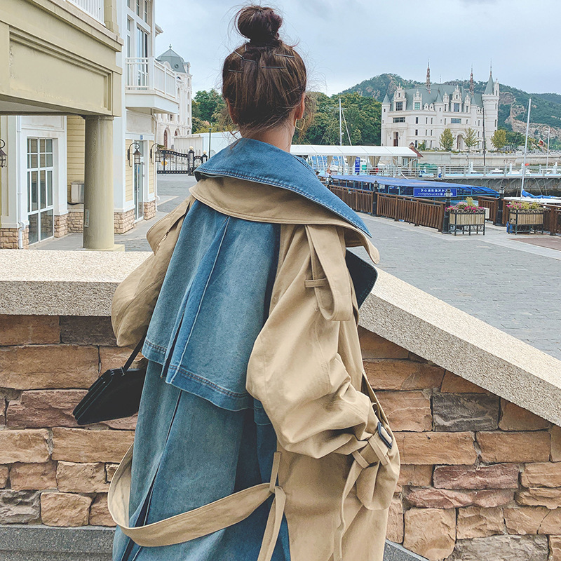 [DEAT] New Autumn Fashion Women's Trench Coat Casual Denim Patchwork Full Sleeve Double Lapel Collar Loose With Belt TX159 201028