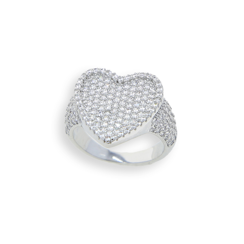 Drop Ship Bling Full Cubic Zircon Silver Color Ring Iced Out Micro Pave 5A Cz Heart Lovely Hip Hop Punk Rap Women Jewelry