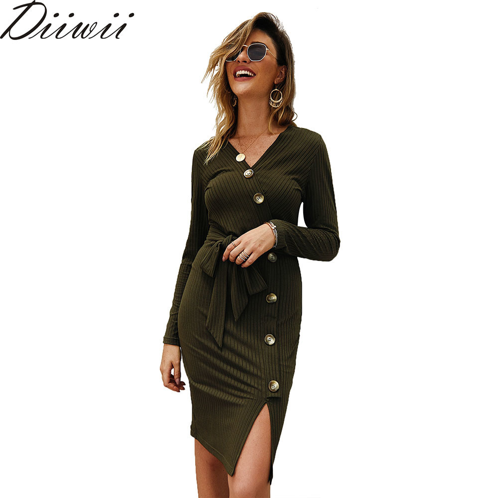 Diiwii V Neck Singlebreasted Slim Ladies Office Autumn Winter Solid Sashes Knitted Dress Women Cotton Full Sleeve Casual 201125