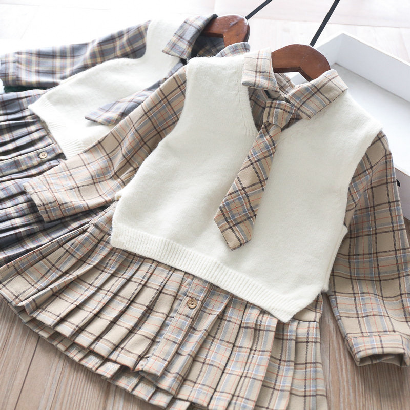 Girl's Two - Piece Tie Knit Two-color Tank Top Check Skirt Set Kids Clothes Girls Girls Boutique Outfits girls outfitsX1019